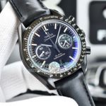 Swiss Replica Omega Speedmaster Chronograph Black Dial Black Bezel Black Leather Strap Watch